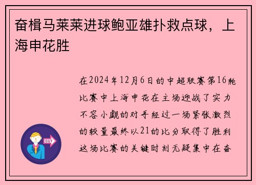 奋楫马莱莱进球鲍亚雄扑救点球，上海申花胜