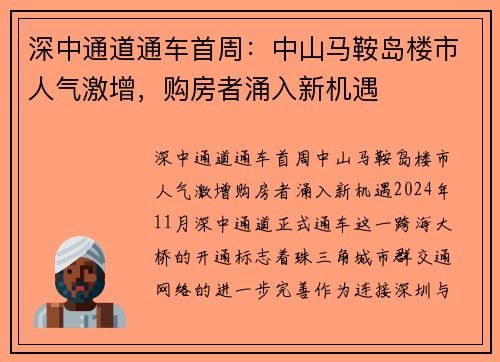 深中通道通车首周：中山马鞍岛楼市人气激增，购房者涌入新机遇