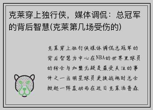 克莱穿上独行侠，媒体调侃：总冠军的背后智慧(克莱第几场受伤的)