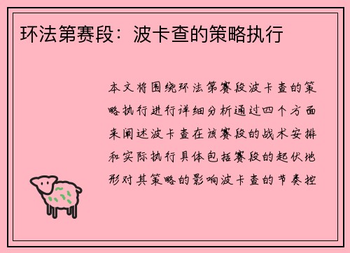 环法第赛段：波卡查的策略执行