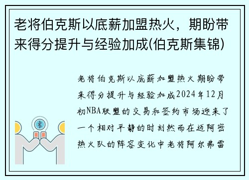 老将伯克斯以底薪加盟热火，期盼带来得分提升与经验加成(伯克斯集锦)