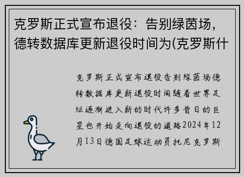 克罗斯正式宣布退役：告别绿茵场，德转数据库更新退役时间为(克罗斯什么时候进的德国国家队)