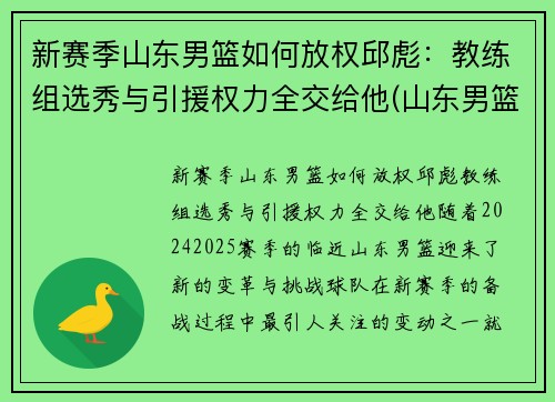 新赛季山东男篮如何放权邱彪：教练组选秀与引援权力全交给他(山东男篮代理主教练)